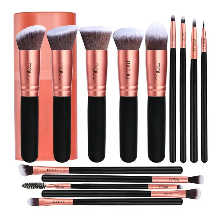 Rose Gold Vegan Hair Makeup Brush Set - 14pcs